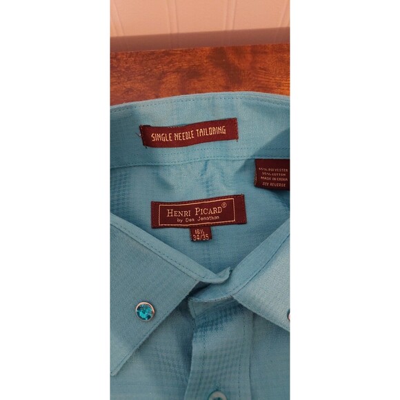 Men HENRI PICARD Blue Single Needle Tailoring French Cuff Dress Shirt Sz 16‎ 1/2 - Picture 5 of 7